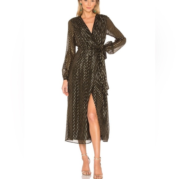 L'Academie Dresses & Skirts - Revolve L'Academie Ana Wrap Midi Dress Metallic Sparkly in Black and Gold  Small